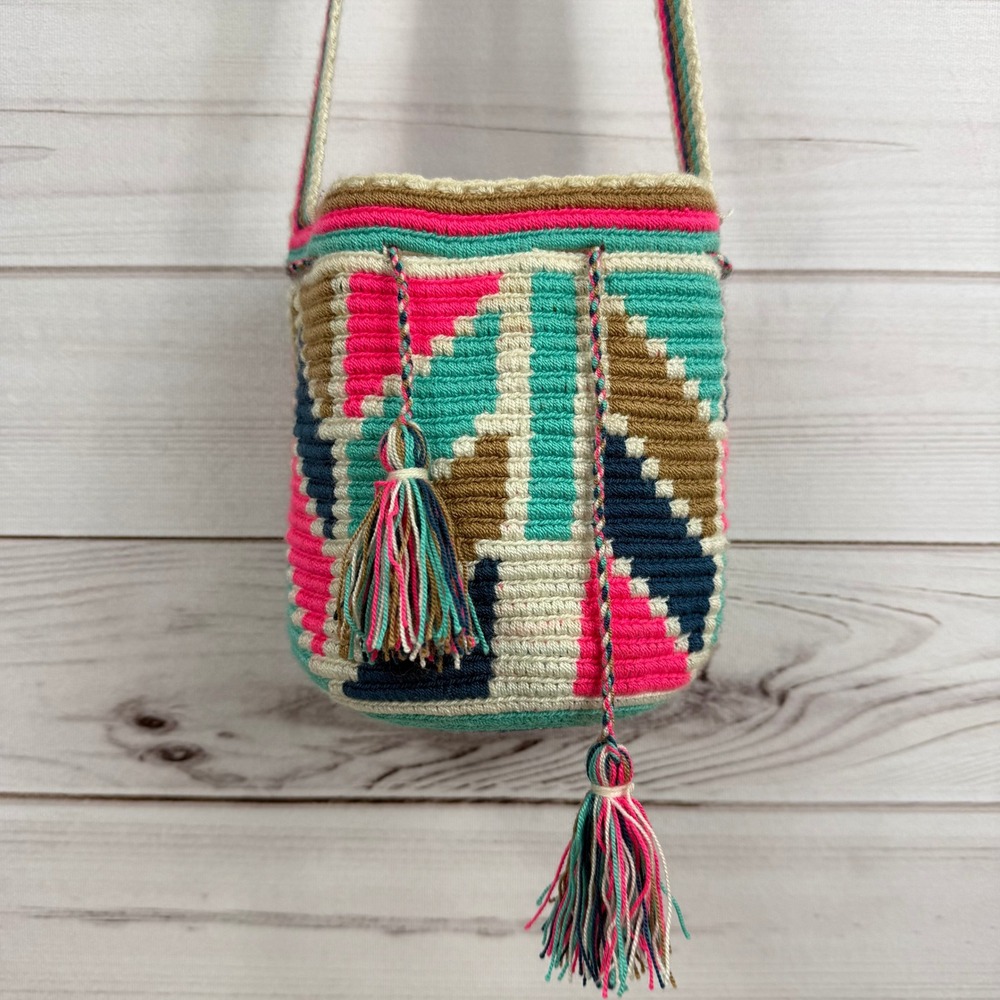 Boho Multicolor Crochet Crossbody‎ Bag Tassel Bucket Shoulder Bag Small